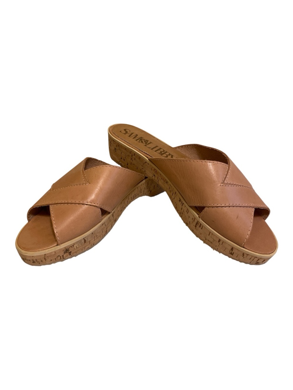 Sam & Libby Cognac Tan Crisscross Cork-Wedge Slide Sandals